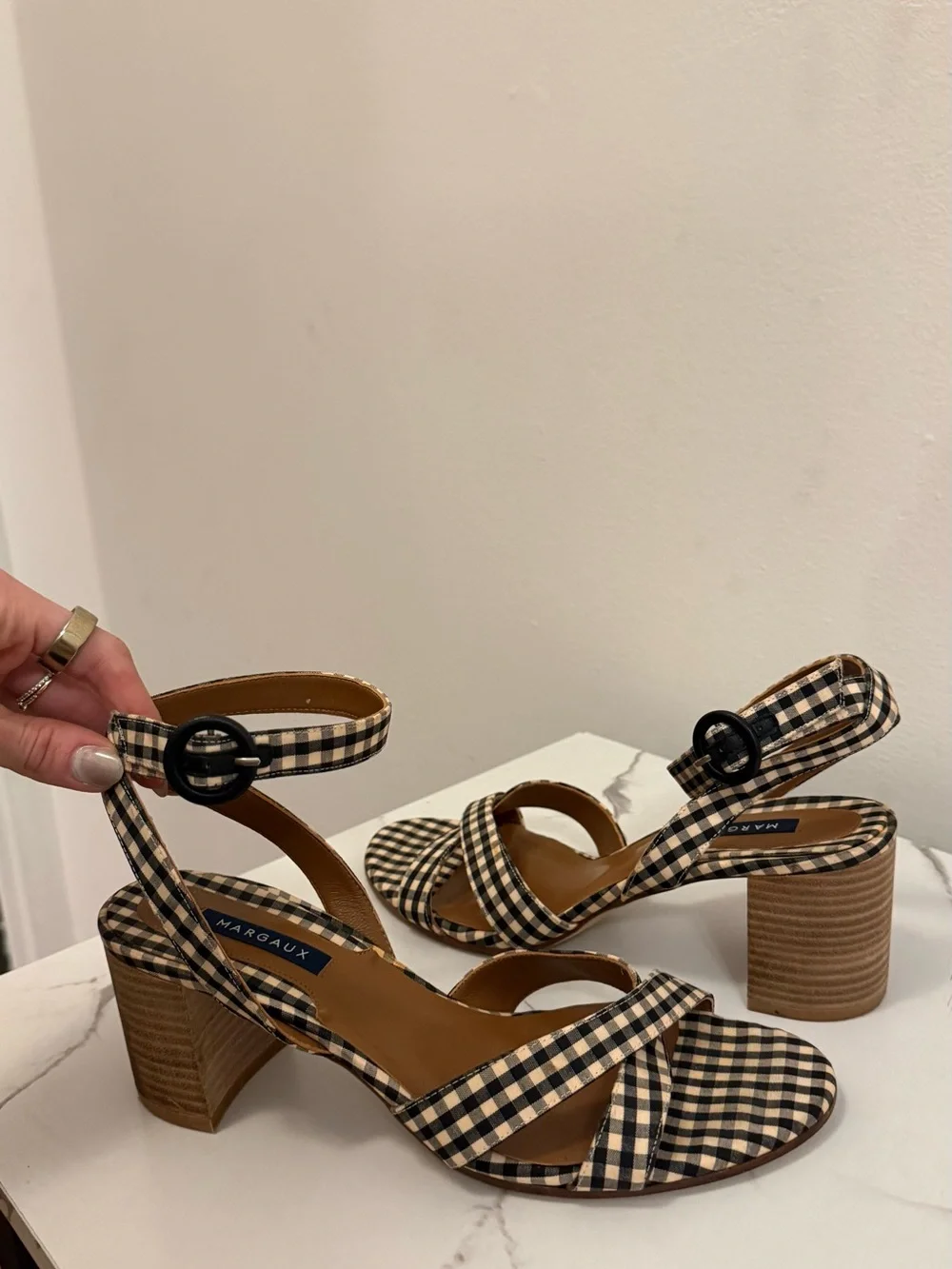 Margaux Black & Cream Gingham Block Heel Sandals